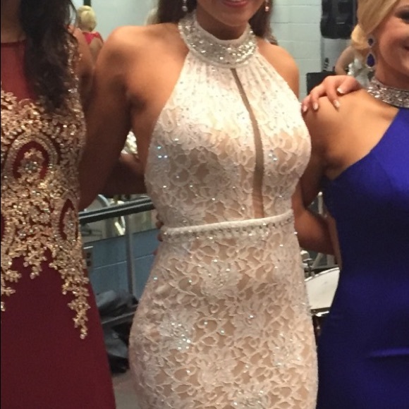 White Lace Prom Dress with Rhinestones